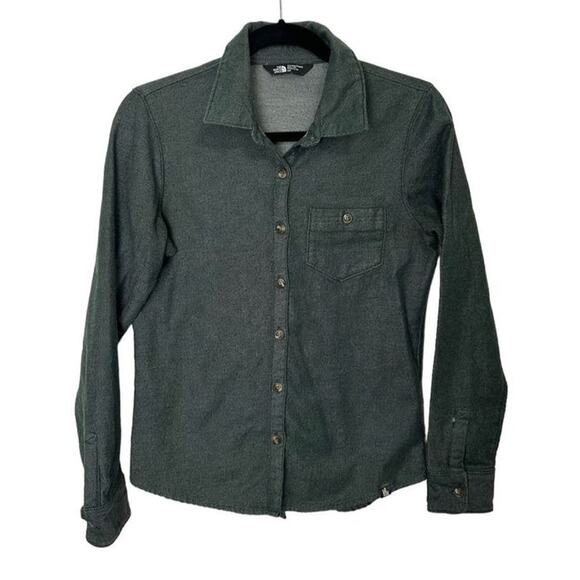 The North Face Women's Button-Down Long Sleeves Denim T-Shirt Green Gray Size S/ - Picture 1 of 6
